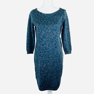 Ann Taylor LOFT SZ S Gray Blue Leopard Print Knit Sweater Dress Wool Cheetah
